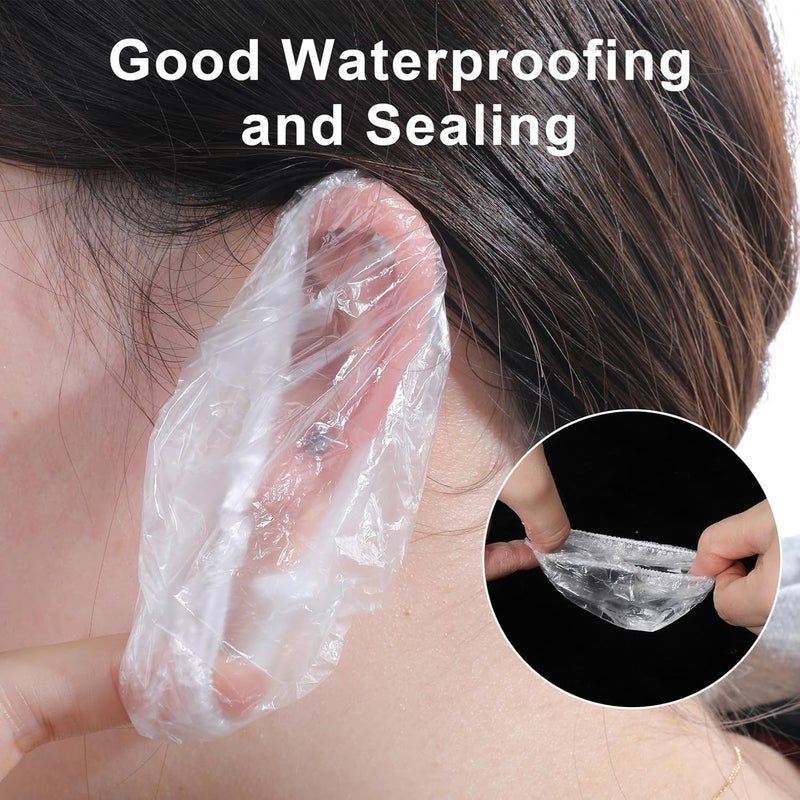 Macuezu 200 Pcs Disposable Ear Shower Caps, Ear Covers for Hair Dye, Waterproof Ears Protectors for Shower, Clear Elastic Ears Caps for Bathing, Salon - Image 3